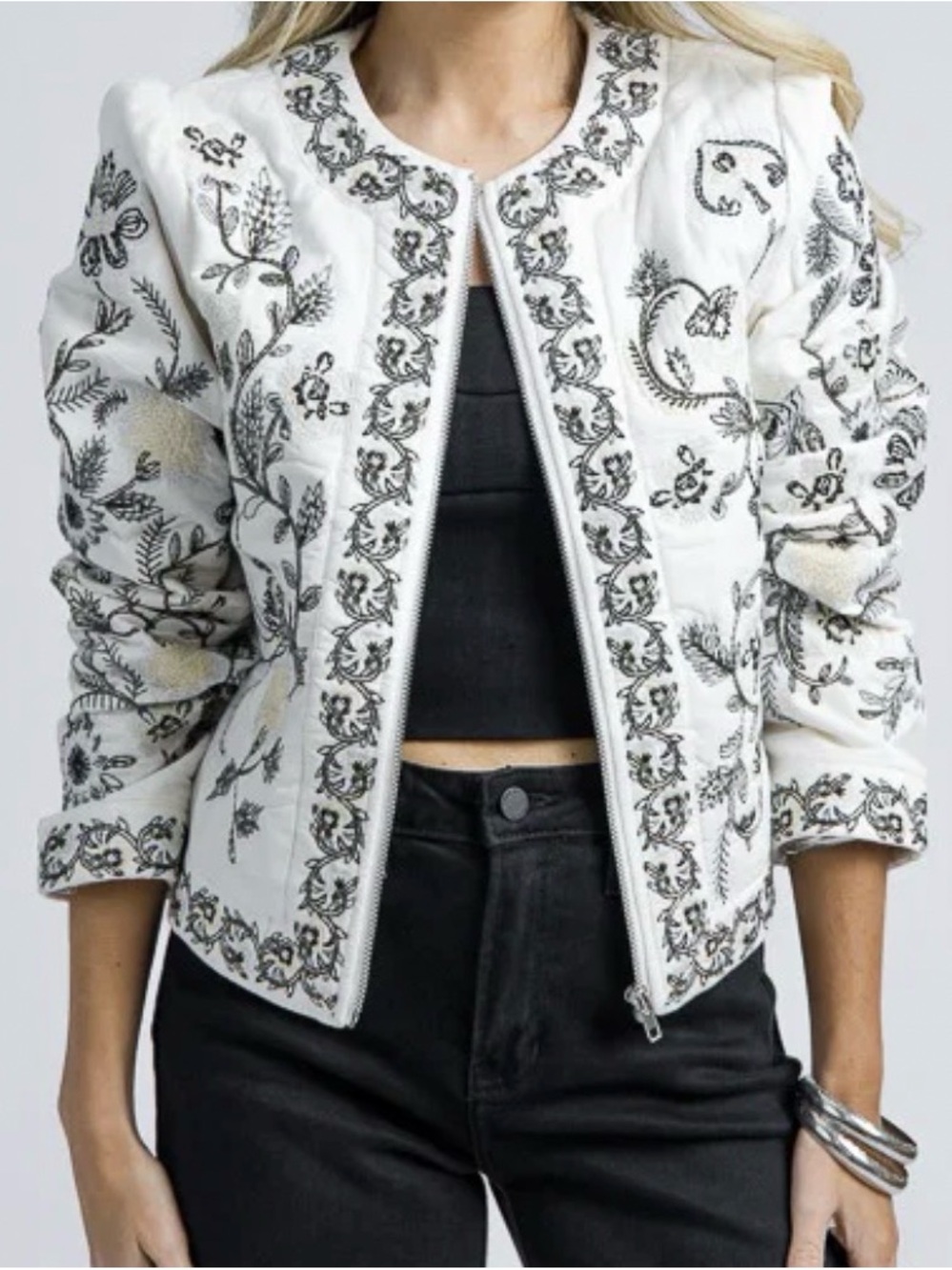 Embroidered Cream Quilted Jacket by Blue B. Size Small